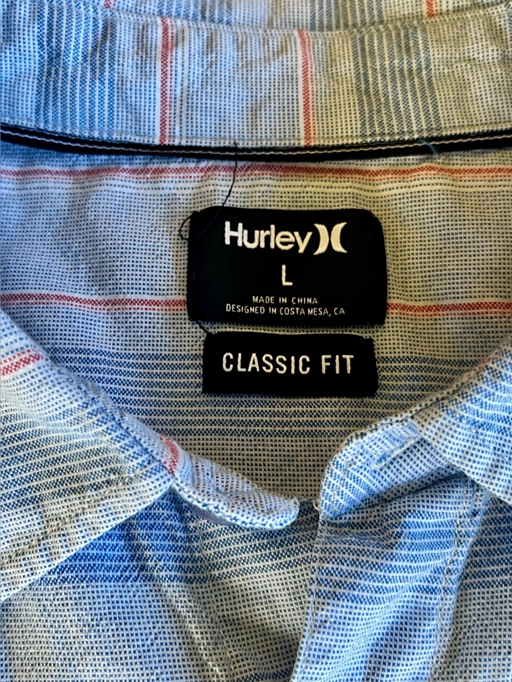 Hurley Light Blue Button Down Shirt with Red & Navy Stripes Classic Fit | Size L
